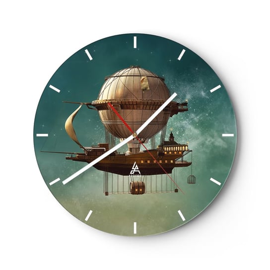 Duży zegar ścienny - Juliusz Verne pozdrawia - 40x40cm - Retro Podróż Balon - Okrągły zegar ścienny - Nowoczeny Stylowy Zegar do salonu do kuchni - Cichy i Modny zegar ARTTOR