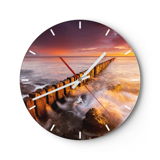 Duży zegar ścienny - Łagodność fal - 40x40cm - Krajobraz Zachód Słońca Morze Bałtyckie - Okrągły zegar ścienny - Nowoczeny Stylowy Zegar do salonu do kuchni - Cichy i Modny zegar ARTTOR