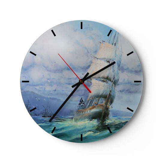 Duży zegar ścienny - Pomyślnych wiatrów - 40x40cm - Żaglowiec Morze Żeglarstwo - Okrągły zegar ścienny - Nowoczeny Stylowy Zegar do salonu do kuchni - Cichy i Modny zegar ARTTOR