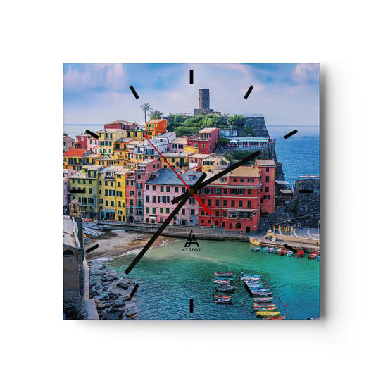 Duży zegar ścienny - Śródziemnomorskie magiczne miasteczko - 40x40cm - Liguria Miasto Włochy - Kwadratowy zegar ścienny - Nowoczeny Stylowy Zegar do salonu do kuchni - Cichy i Modny zegar ARTTOR