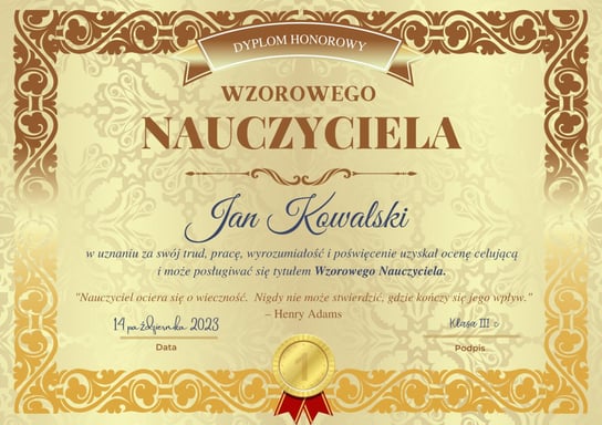 Dyplom Wzorowy Nauczyciel ToBylRok.pl