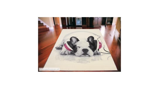 Dywan nowoczesny do salonu, Zasłuchany psiak, city, kremowo-różowy, 120x170 cm Belgia VAN