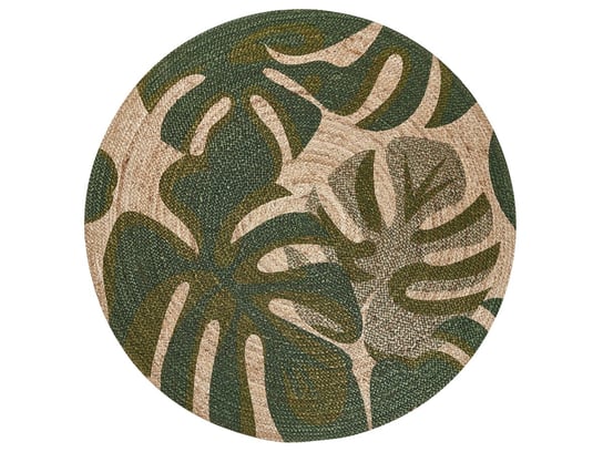 Dywan okrągły z juty w liście monstery ⌀ 140 cm beżowo-zielony BAYAT Beliani