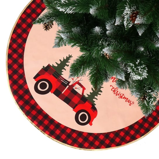 Dywanik pod choinkę z samochodem 91 cm, czerwono-czarna mata na prezenty merry christmas Springos