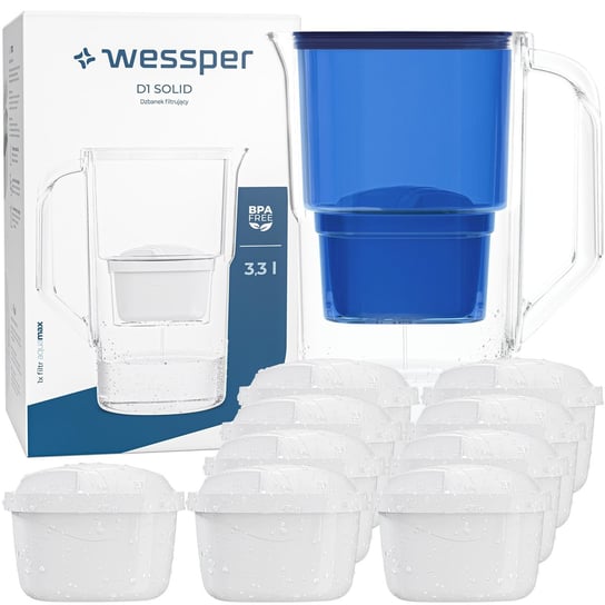 Dzbanek do filtrowania Wessper D1 SOLID 3,3l niebieski + 10x Filtr aquamax Wessper