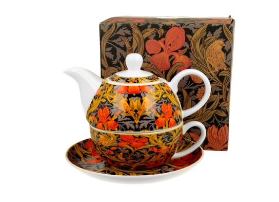 Dzbanek do herbaty porcelanowy z filiżanką i spodkiem DUO Orange Irises William Morris 350 ml DUO Gift