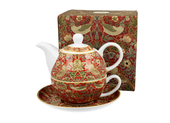 Dzbanek do herbaty porcelanowy z filiżanką i spodkiem DUO Strawberry Thief Red William Morris 350 ml DUO Gift