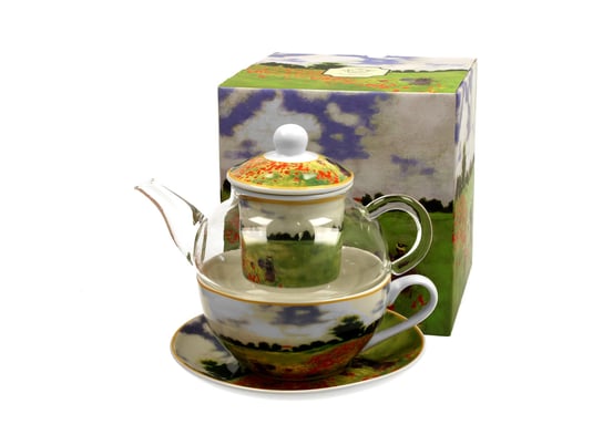 Dzbanek do herbaty, szklany z filiżanką,  spodkiem i zaparzaczem DUO Poppy Field Claude Monet 330 ml DUO Gift