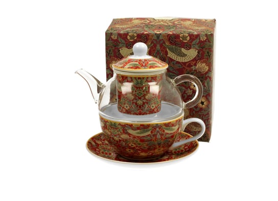 Dzbanek do herbaty, szklany z filiżanką,  spodkiem i zaparzaczem DUO Strawberry Thief Red William Morris 330 ml DUO Gift