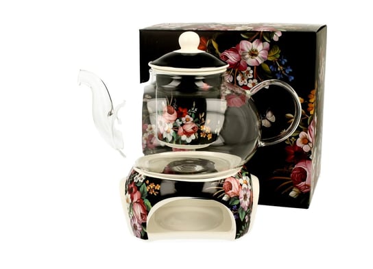 Dzbanek do herbaty szklany z zaparzaczem i podgrzewaczem DUO VINTAGE FLOWERS BLACK 1000 ml DUO Gift