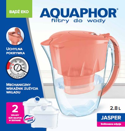 Dzbanek filtrujący AQUAPHOR Jasper + 2 wkłady B25 Maxfor, koralowy. Limitowana edycja Bądź eko, 2.8l AQUAPHOR