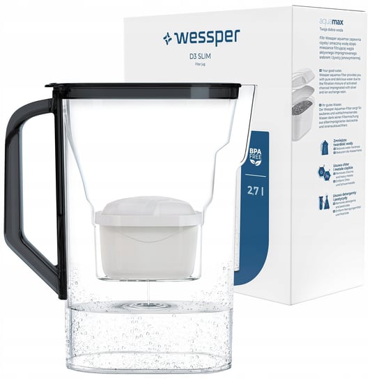 Dzbanek filtrujący do lodówki D3 Slim Aquamax 2,7L Wessper czarny Wessper
