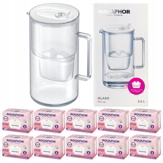 Dzbanek filtrujący szklany Aquaphor Glass, biały + 10 filtrów Maxfor+ Mg AQUAPHOR