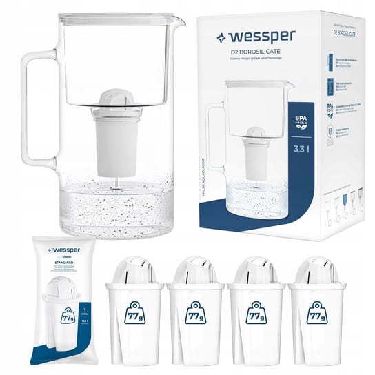 Dzbanek filtrujący szklany Wessper 3,3l Biały + 5x Filtr aquaclassic Wessper