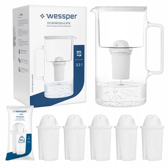Dzbanek filtrujący szklany Wessper 3,3l Biały + 6x Filtr aquaclassic 77g Wessper