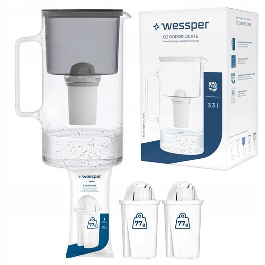 Dzbanek filtrujący szklany Wessper 3,3l Czarny + 3x Filtr aquaclassic Wessper