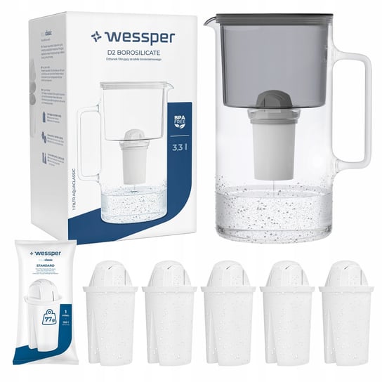 Dzbanek filtrujący szklany Wessper 3,3l Czarny + 6x Filtr aquaclassic 77g Wessper