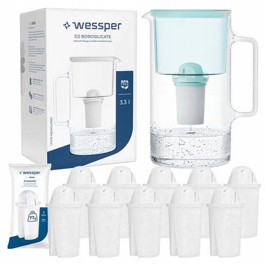 Dzbanek filtrujący szklany Wessper 3,3l Miętowy + 11x Filtr aquaclassic 77g Wessper