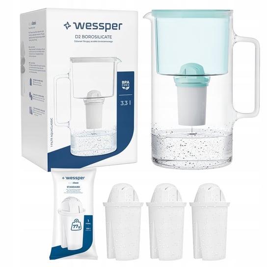 Dzbanek filtrujący szklany Wessper 3,3l Miętowy + 4x Filtr aquaclassic 77g Wessper