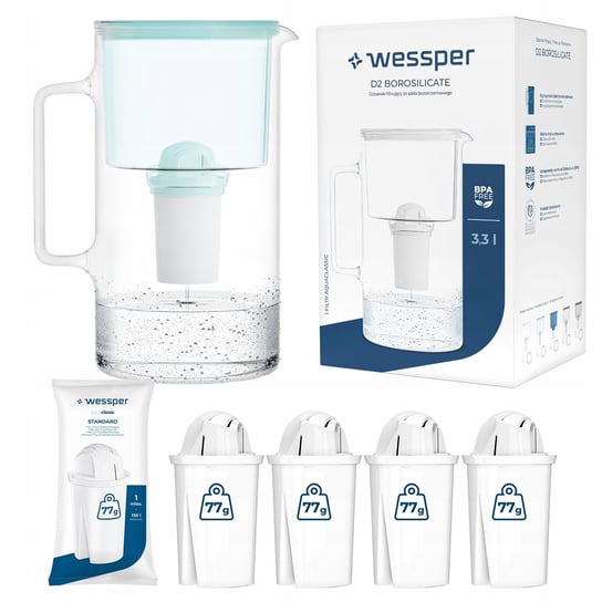 Dzbanek filtrujący szklany Wessper 3,3l Miętowy + 5x Filtr aquaclassic Wessper