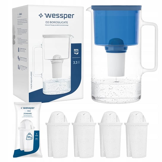 Dzbanek filtrujący szklany Wessper 3,3l Niebieski + 5x Filtr aquaclassic Wessper