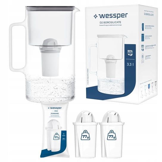 Dzbanek filtrujący szklany Wessper 3,3l Szary + 3x Filtr aquaclassic Wessper