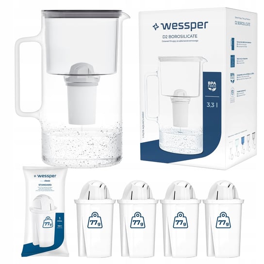 Dzbanek filtrujący szklany Wessper 3,3l Szary + 5x Filtr aquaclassic Wessper