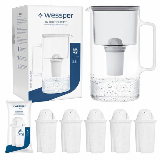 Dzbanek filtrujący szklany Wessper 3,3l Szary + 6x Filtr aquaclassic 77g Wessper