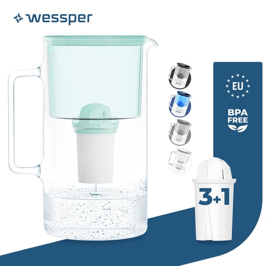 Dzbanek filtrujący szklany Wessper 3l Miętowy + 4x Filtr aquaclassic 77g Wessper