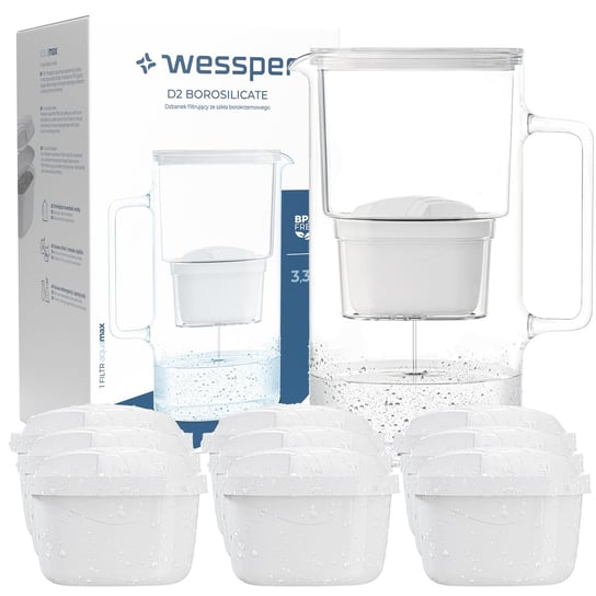 Dzbanek filtrujący szklany Wessper AquaMax 3,3l + 10x Filtr do wody Wessper