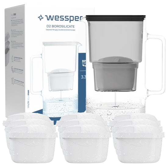 Dzbanek filtrujący szklany Wessper AquaMax 3,3l + 10x Filtr do wody Wessper