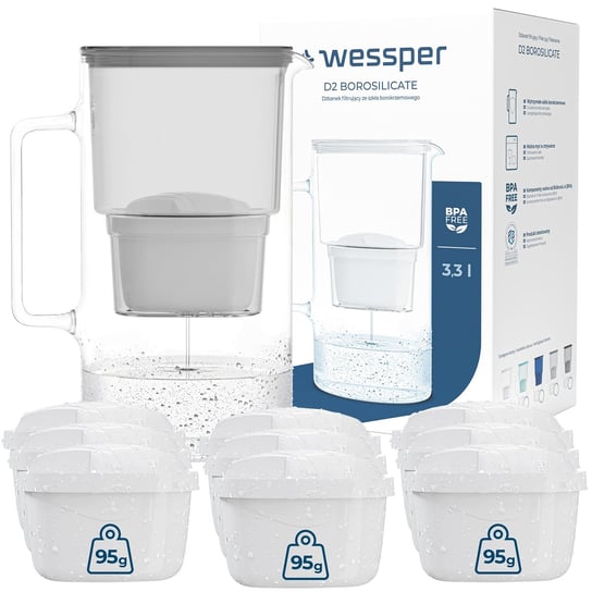 Dzbanek filtrujący szklany Wessper aquamax 3,3l + 10x Filtr Wessper aquamax Wessper