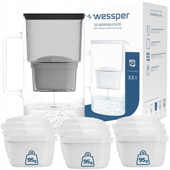 Dzbanek filtrujący szklany Wessper aquamax 3,3l + 10x Filtr Wessper aquamax Wessper