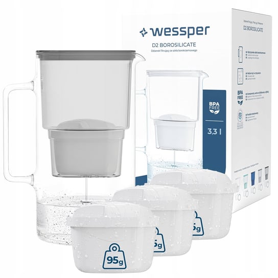 Dzbanek filtrujący szklany Wessper aquamax 3,3l + 4x Filtr Wessper aquamax Wessper