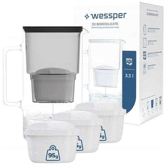 Dzbanek filtrujący szklany Wessper aquamax 3,3l + 4x Filtr Wessper aquamax Wessper