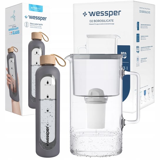 Dzbanek szklany Wessper 3,3l z filtrem Aquaclassic + Butelka szklana 1l Wessper