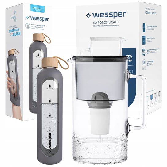 Dzbanek szklany Wessper 3,3l z filtrem Aquaclassic + Butelka szklana 1l Wessper