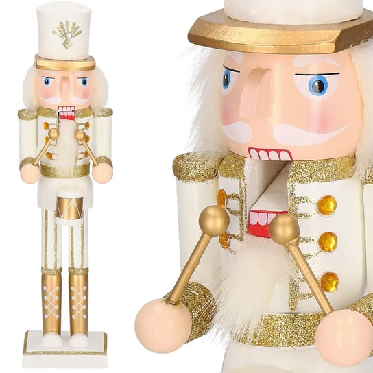Dziadek do orzechów 38 cm z bębenkiem, ozdoba świąteczna, figurka drewniany żołnierzyk biały Springos