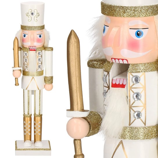 Dziadek do orzechów 38 cm z mieczem, ozdoba świąteczna, figurka drewniany żołnierzyk kremowo-złoty Springos