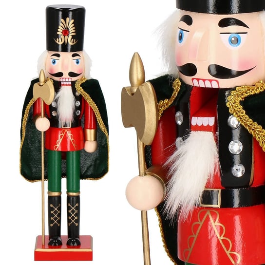 Dziadek do orzechów 38 cm z peleryną, ozdoba świąteczna, figurka drewniany żołnierzyk czerwono-czarny Springos