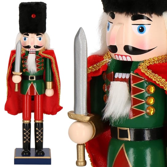 Dziadek do orzechów 38 cm z peleryną, ozdoba świąteczna, figurka drewniany żołnierzyk zielono-czerwony Springos