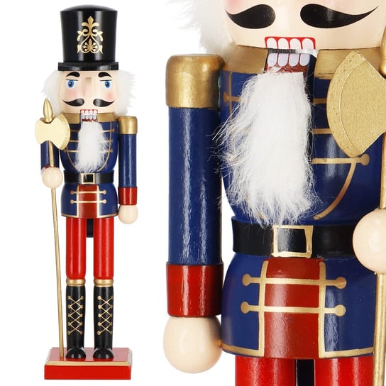 Dziadek do orzechów 38 cm z toporkiem, drewniany żołnierzyk niebiesko-czerwony, figurka świąteczna Springos
