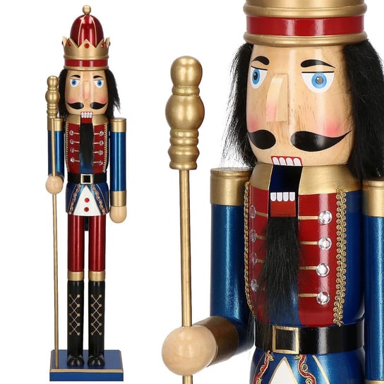 Dziadek do orzechów 90 cm z berłem, drewniany żołnierzyk niebiesko-czerwony XL, figurka świąteczna Springos