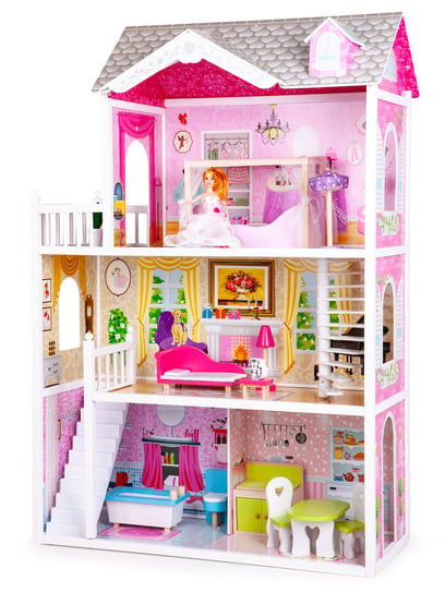 Ecotoys, domek dla lalek z lalką Rezydencja California, różowo-żółty, 124x84x38 cm Ecotoys