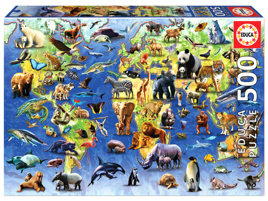 Educa, Puzzle, Mapa świata (100 zagrożonych gatunków zwierząt), 500 el. Educa