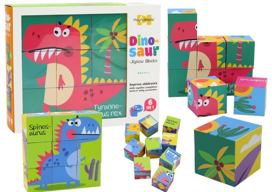 Edukacyjne Puzzle 6w1 Klocki Układanka Kostki 6 Obrazków Dinozaury 9 El. Lean Toys