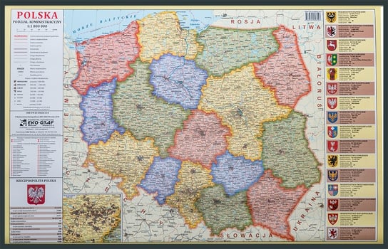EkoGraf, Polska mapa ścienna administracyjna na podkładzie w drewnianej ramie, 1:1 800 000 Eko Graf