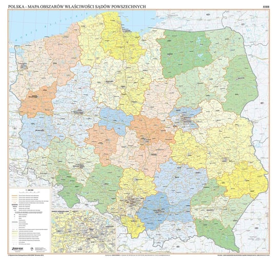 EkoGraf, Polska - mapa ścienna obszarów właściwości sądów powszechnych na podkładzie w drewnianej ramie, 1:500 000 Eko Graf