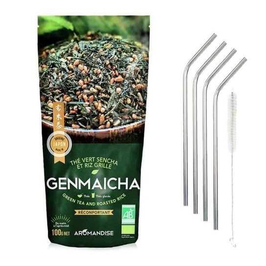 Ekologiczna herbata zielona i brązowy ryż Genmaicha 100 g + 4 słomki ze stali nierdzewnej Youdoit