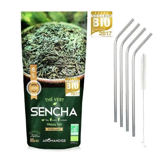 Ekologiczna japońska zielona herbata Sencha + 4 słomki ze stali nierdzewnej Youdoit